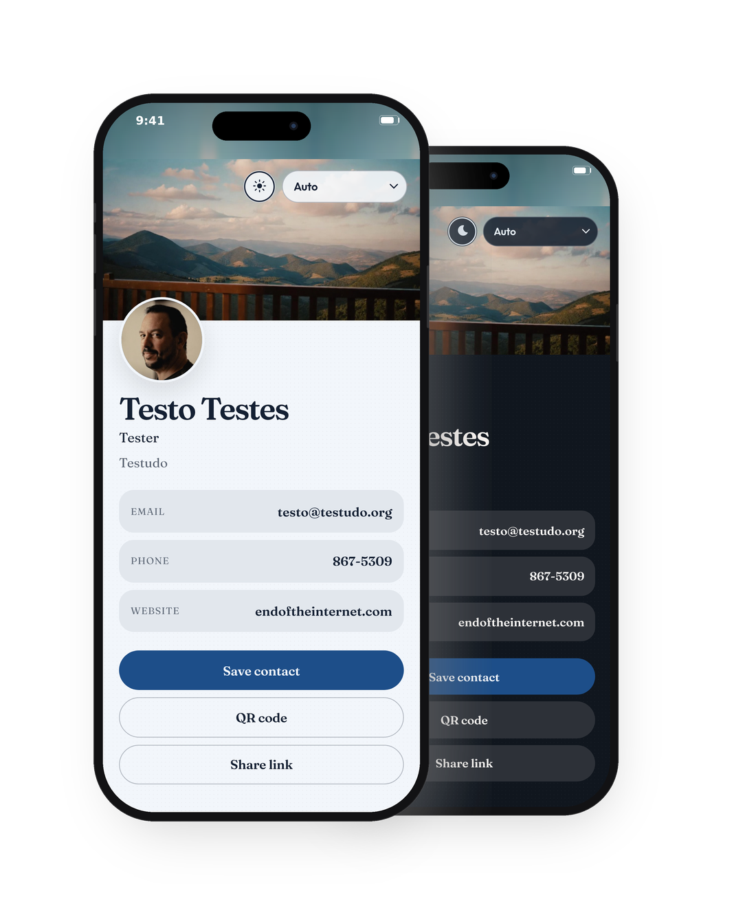 CardKit on two iPhones — light and dark mode
