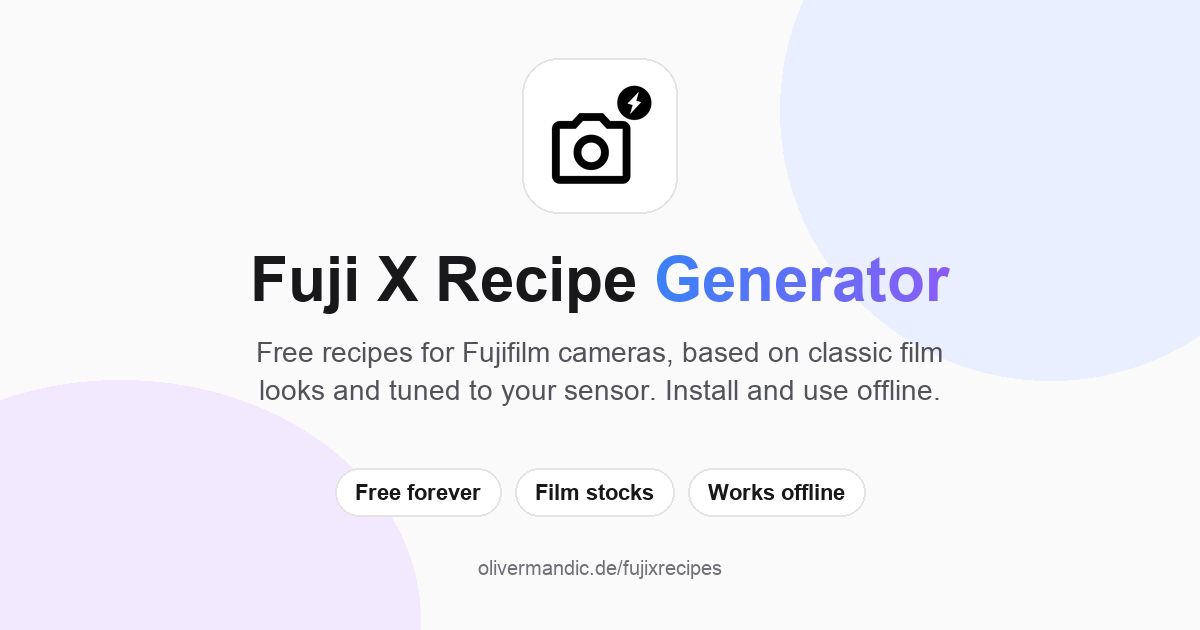 Fuji X Recipe Generator, as it opens in a browser tab